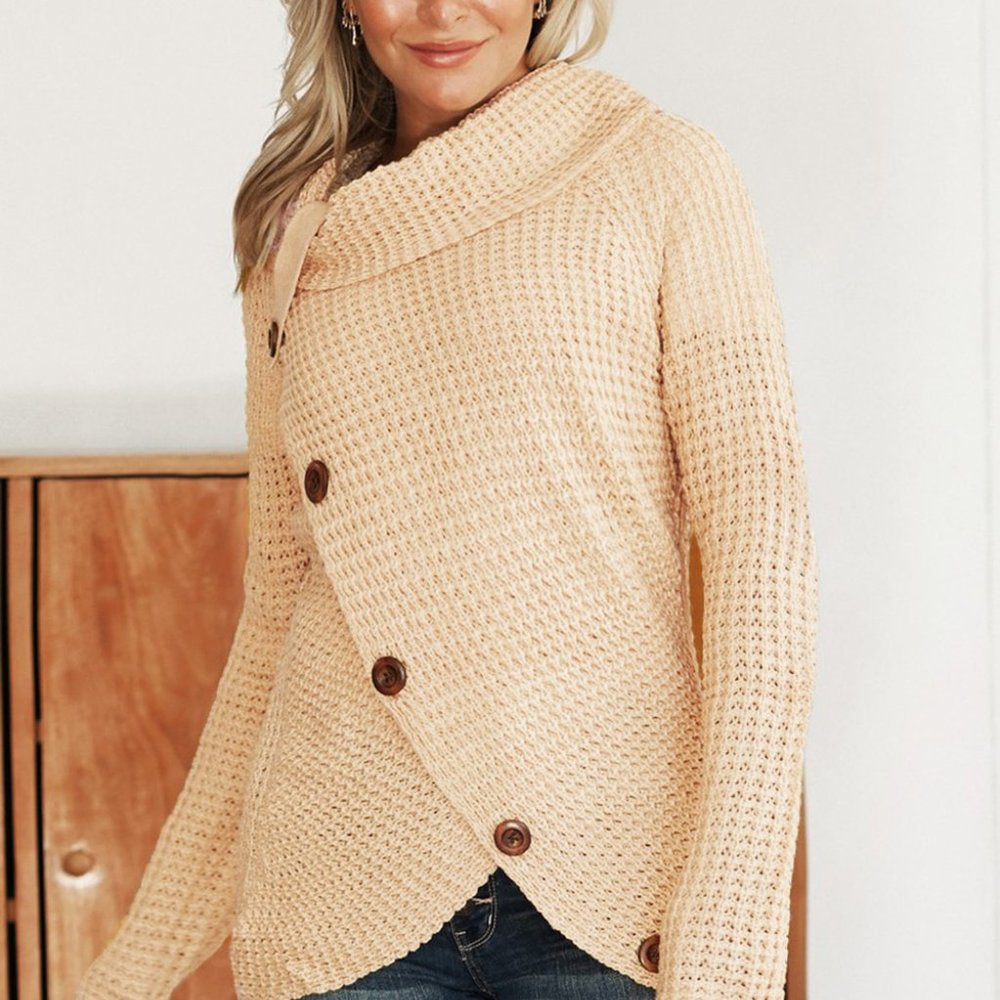 BEIGE BUTTONED WRAP TURTLENECK SWEATER
